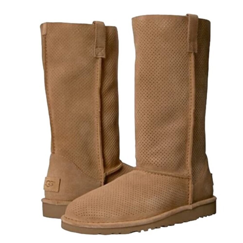 UGG NEW Classic Unlined Perforated Leather Tall Pull On Boots Suede Lightweight